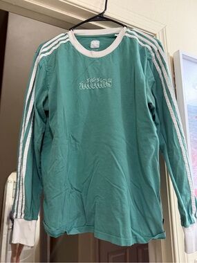 adidas Teal Green Long-Sleeve Crewneck with White Stripes